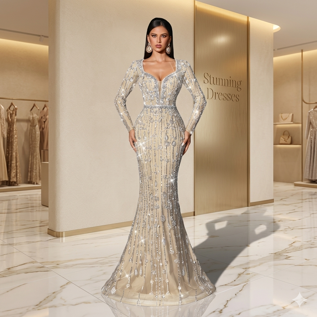SDE3229 Elegant Sequin Deep V-Neck Evening Gown – Long Sleeve Luxury Party & Wedding Dress for Women