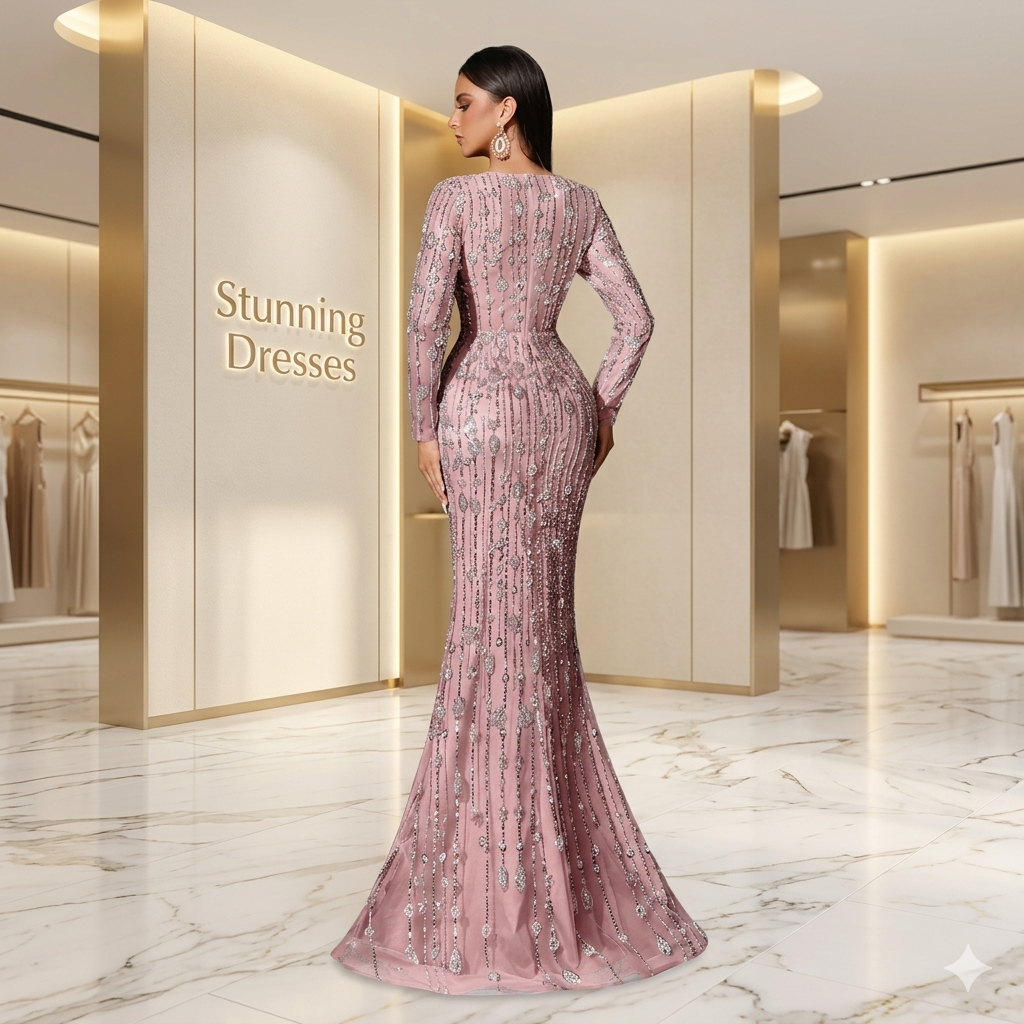 SDE3229 Elegant Sequin Deep V-Neck Evening Gown – Long Sleeve Luxury Party & Wedding Dress for Women