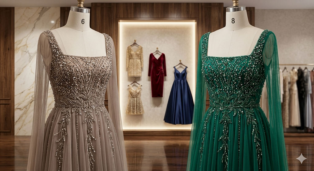SDE5008 Dark Green A-Line Evening Dress with Beaded Cape Sleeves | Luxury Formal Gown