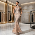 SDE3232 Elegant Beaded Sequin Halter Mermaid Evening Gown for Women | Maxi Dress