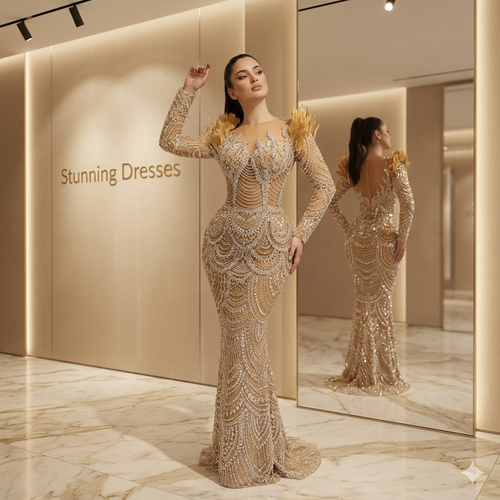 SDE5016 Evening Dress Luxury Nude Beaded Mermaid Gown with Feather Long Sleeves for Women Party