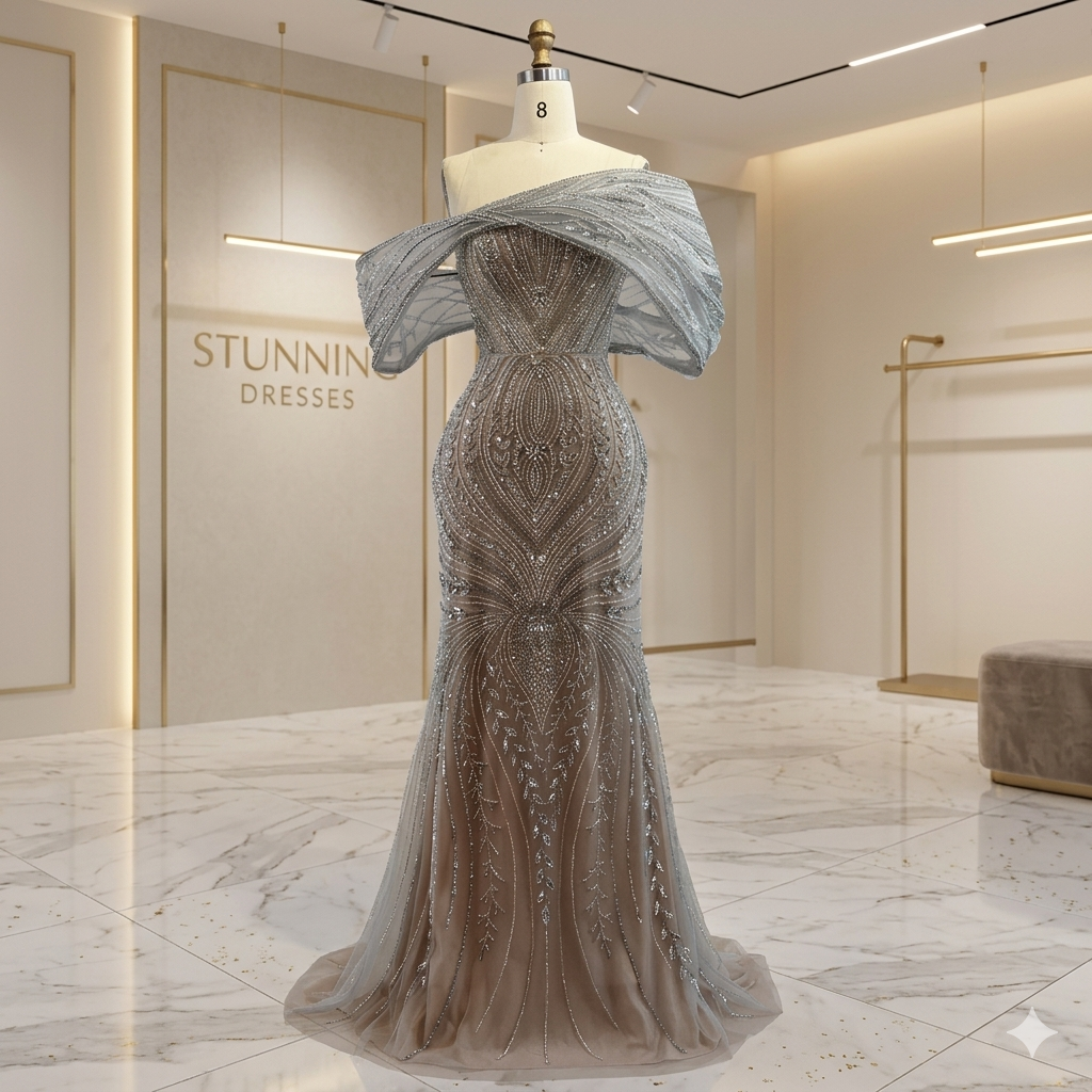 SDE5019 Customized Luxury Off Shoulder Silver Nude Beaded Mermaid Saudi Evening Dress Gown for Formal Occasion
