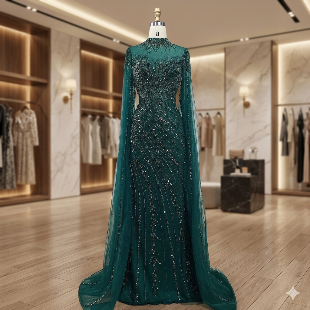 SDE5002 Luxury Nude Cape Sleeve Mermaid Lace Evening Dress – Beaded Dubai Wedding & Party Gown