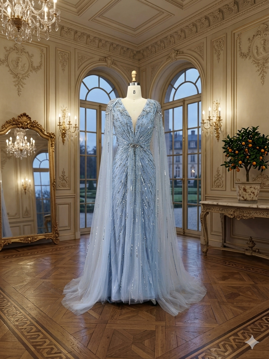 SDE5001  Stunning Dresses Turquoise Mermaid Evening Dress 2025 – Beaded Cape Sleeve Gown for Wedding & Party