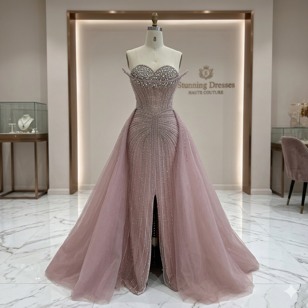 SDE5013 Luxury Pink Crystal Beaded Saudi Mermaid Evening Dress with Overskirt