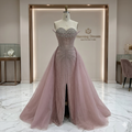 SDE5013 Luxury Pink Crystal Beaded Saudi Mermaid Evening Dress with Overskirt