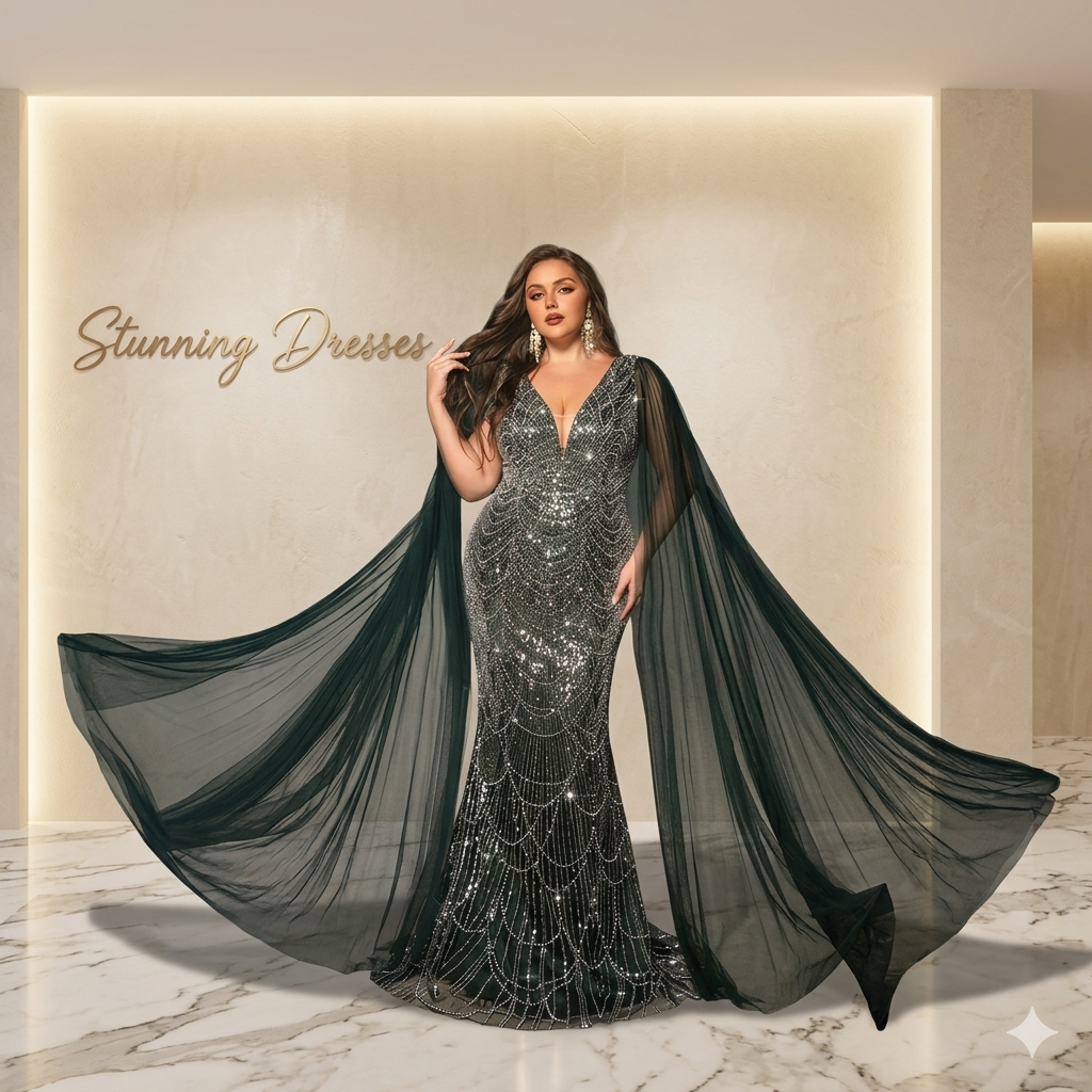 SDE3234 Plus Size Women's Elegant Deep V-Neck Contrast Color Sequin Mermaid Maxi Dress with Cape Sleeves for Wedding & Party