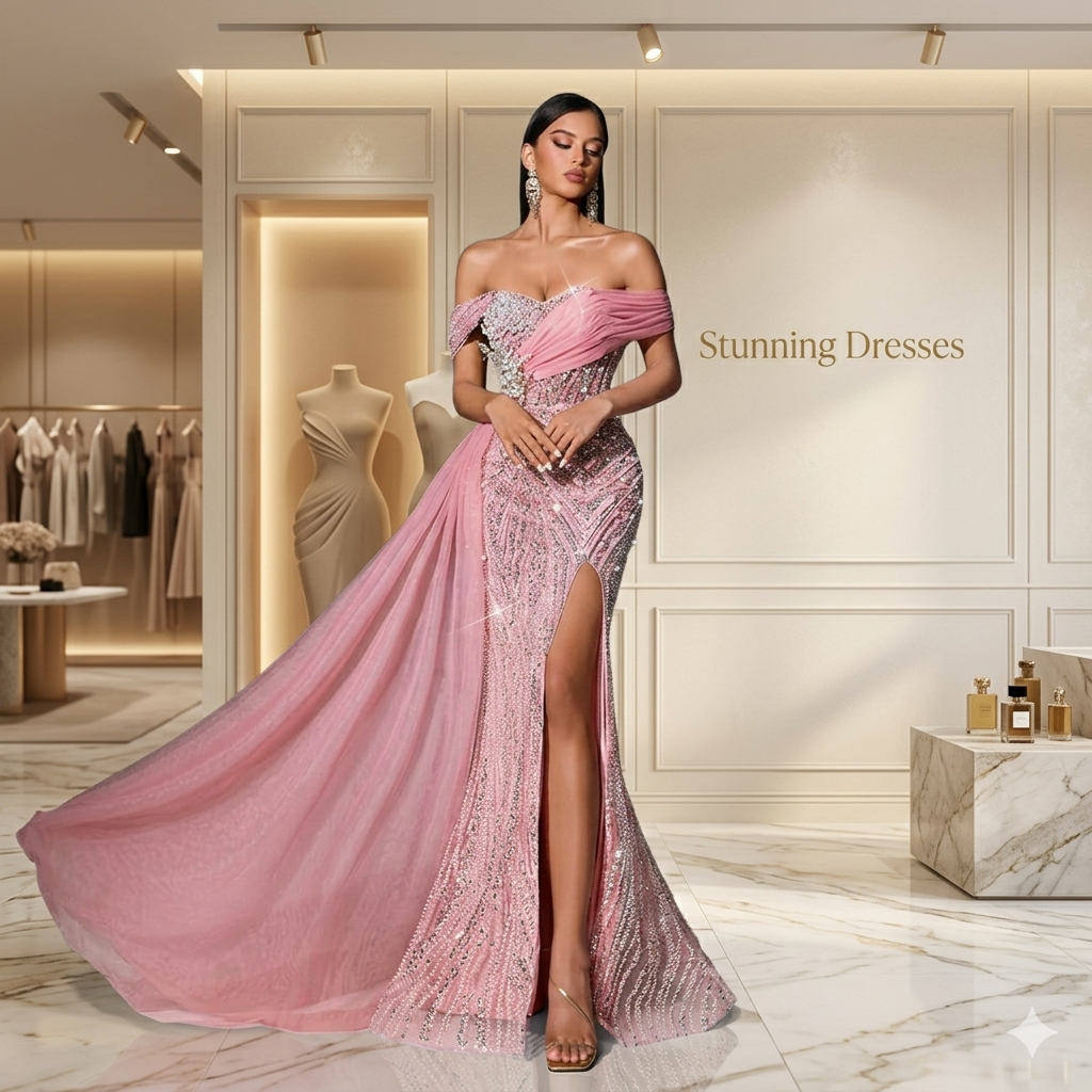 SDE3231 Fairy Style Pink Sequin Mermaid Evening Dress – Off Shoulder High Slit Wedding & Party Gown for Women
