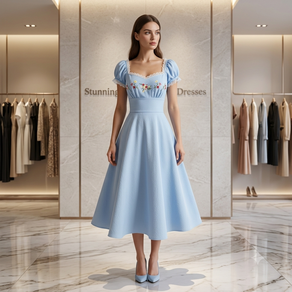 SDD4006 Women's Black Embroidered Shell Sleeve Midi Dress – Vintage Wedding Guest Dress UK