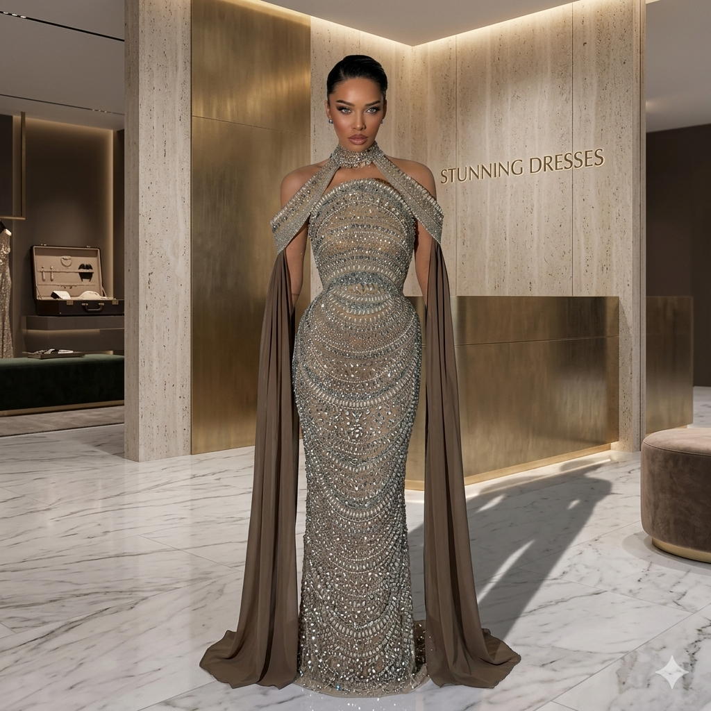 SDE5012 Luxury Kosovo Beaded Evening Dress Gown with Cape for Wedding Party