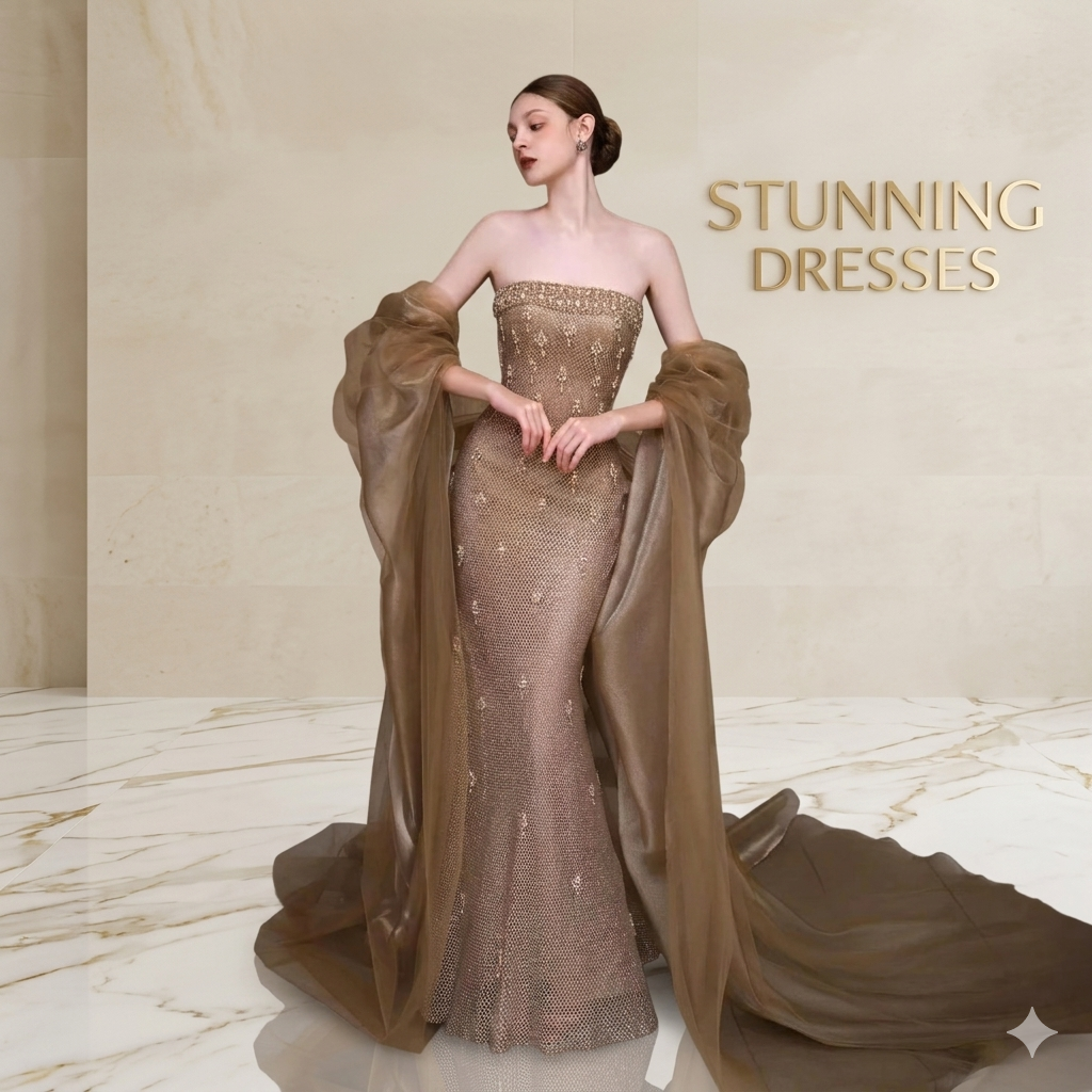 SDE5011 Gold Crystal Beaded Mermaid Evening Dress with Cape | Luxury Formal Gown