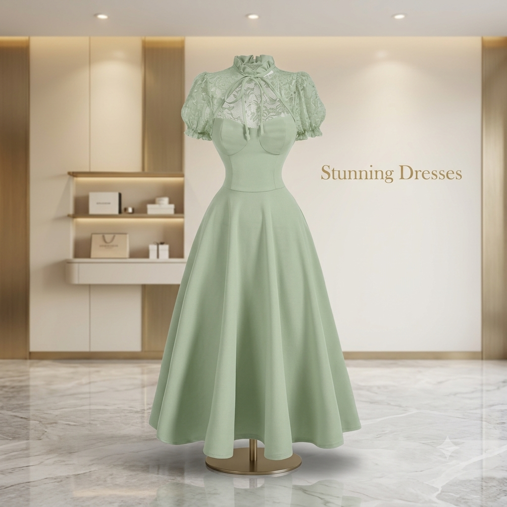 SDD4005 Women's Pink Lace Patchwork Midi Dress – Stand Collar Petal Sleeve Tie Waist Dress UK