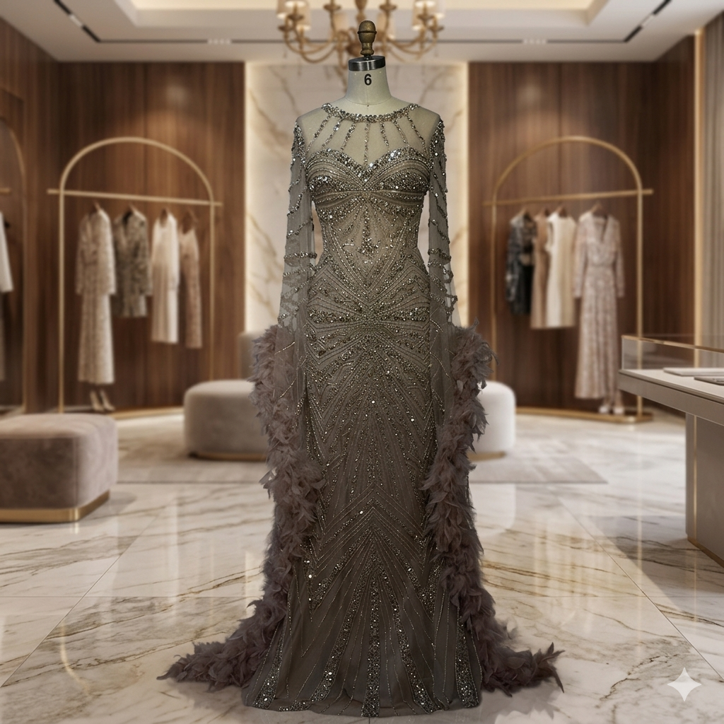SDE5004 Stunning Customized Caramel Beaded Mermaid Evening Dress with Feather Cuffs for Formal Occasion