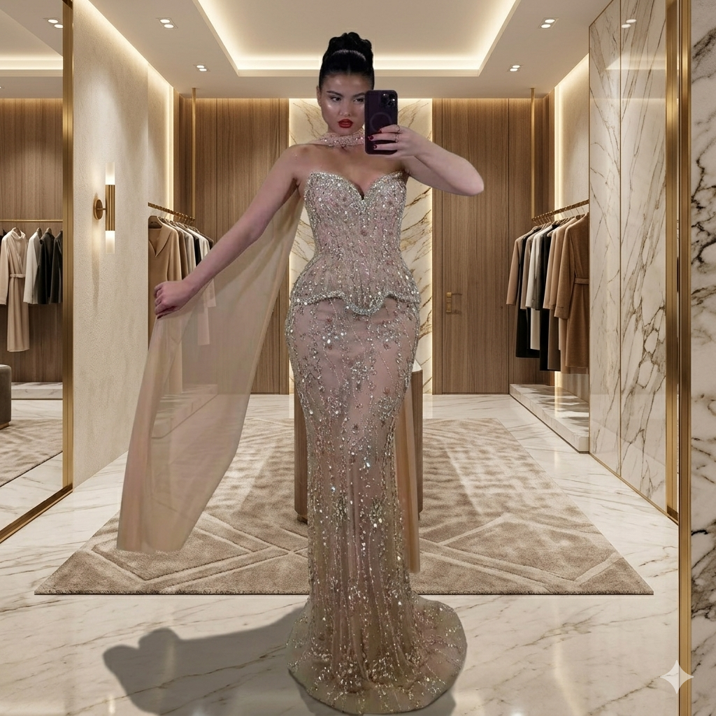 SDE5006 Stunning Luxury Nude Beaded Mermaid Evening Dress for Women Party | Customized Formal Gown