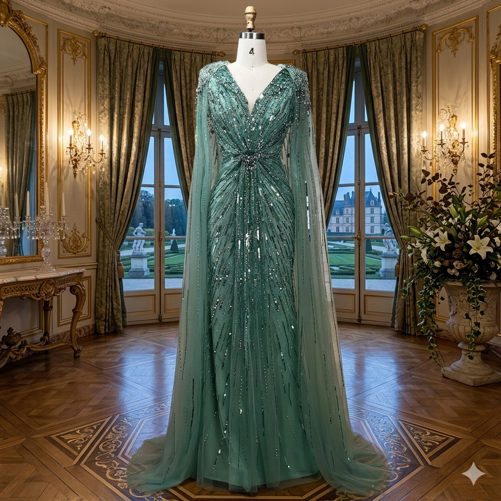 SDE5001  Stunning Dresses Turquoise Mermaid Evening Dress 2025 – Beaded Cape Sleeve Gown for Wedding & Party