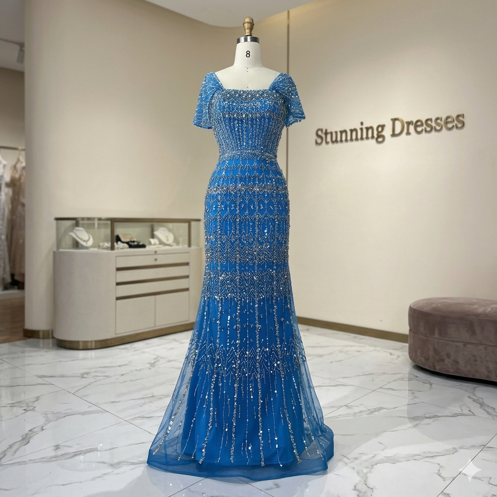 SDE5014 Elegant Arabic White Mermaid Beaded Evening Dress with Short Sleeves | Formal Gown