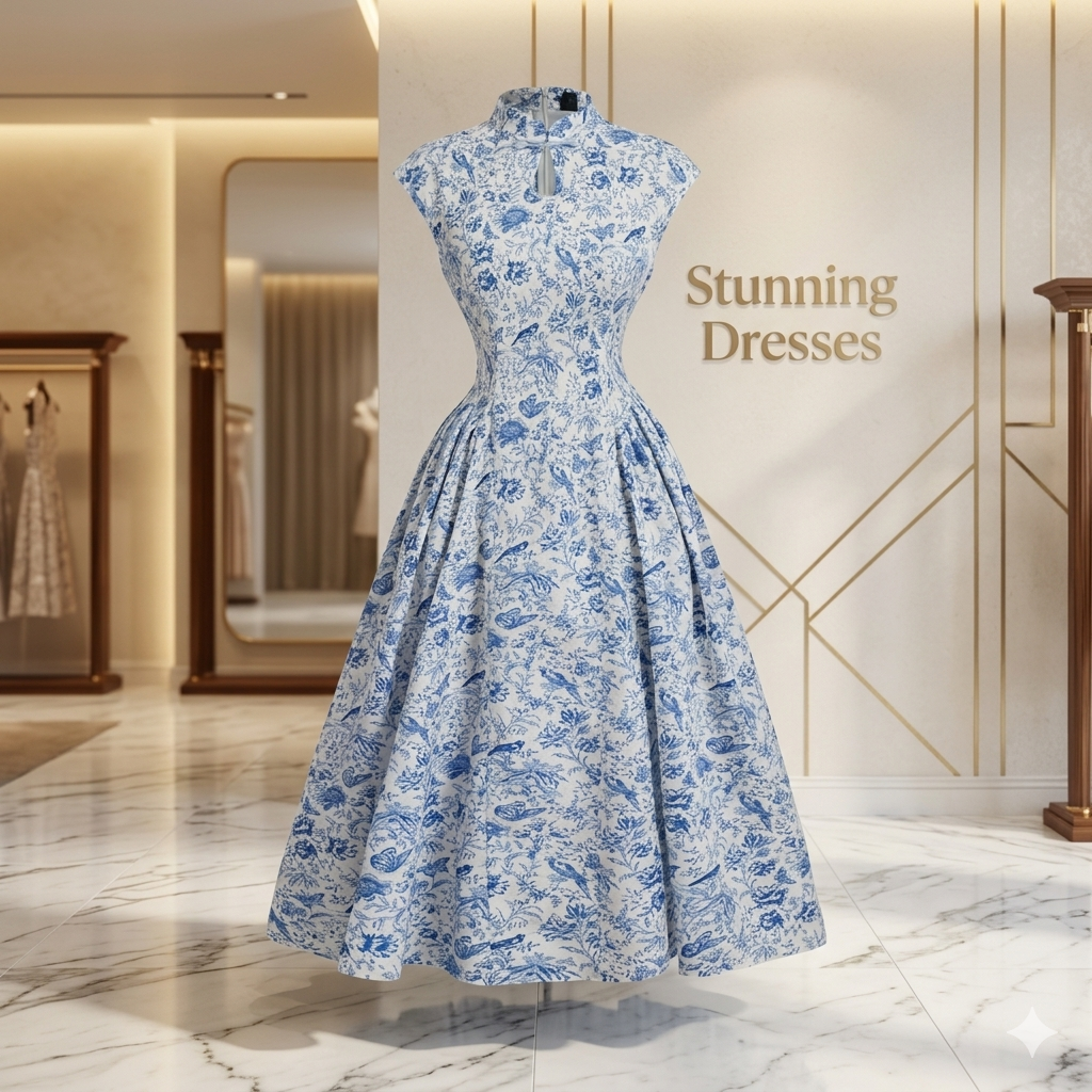 SDD4003 Elegant White & Blue Floral Summer Dress – Chinese Style Buckle Detail Wedding Guest Midi Dress UK