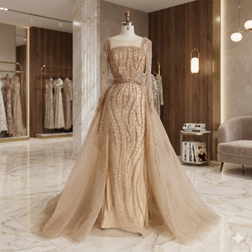 SDE5005 Stunning Arabic Green Overskirt Mermaid Beaded Evening Dress Luxury Gown for Formal Occasion | Custom Made