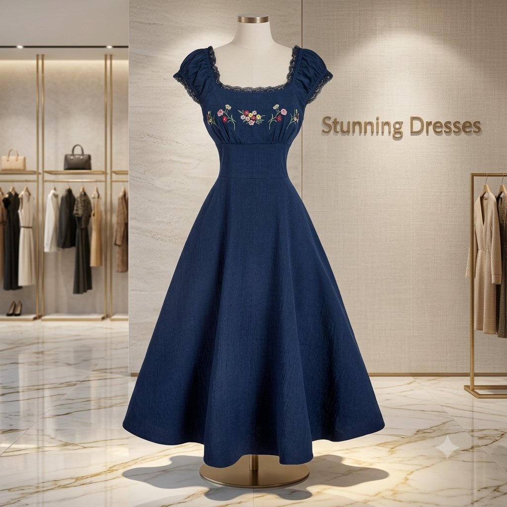 SDD4006 Women's Black Embroidered Shell Sleeve Midi Dress – Vintage Wedding Guest Dress UK