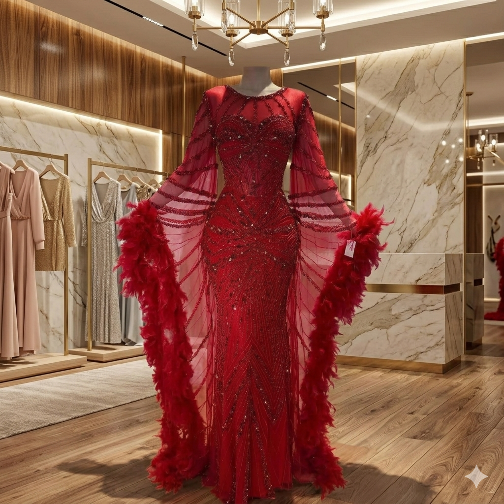 SDE5004 Stunning Customized Caramel Beaded Mermaid Evening Dress with Feather Cuffs for Formal Occasion
