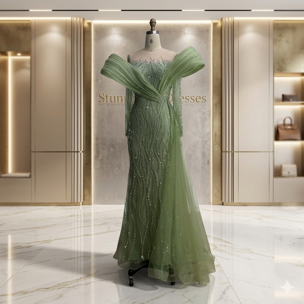 SDE5021 Elegant Beaded Sage Green Evening Dress Gown with Flowing Hem