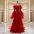 SDE5018 Luxury Red Feathered A-Line Evening Dress with Beaded Bodice & Puffy Long Sleeves for Formal Party