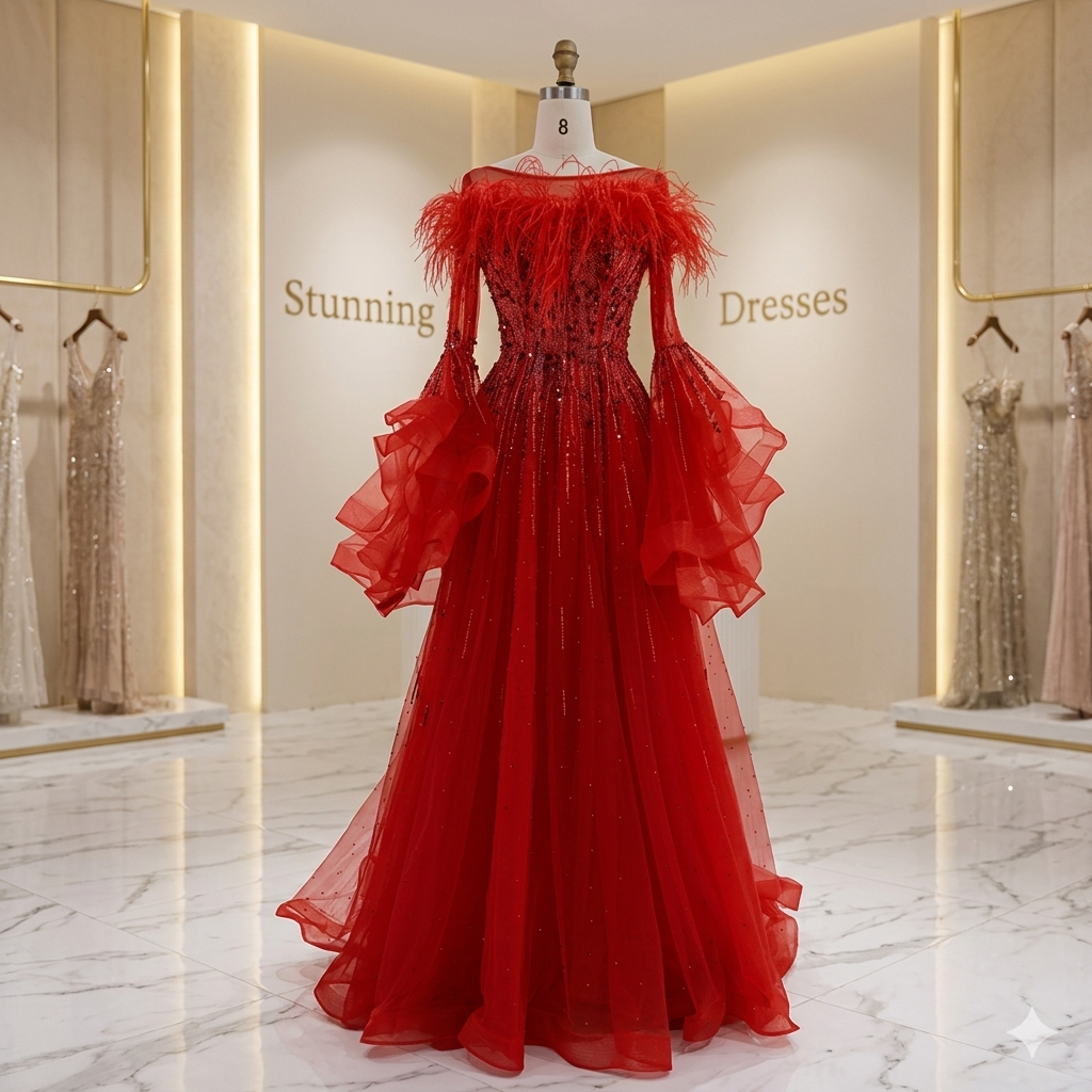 SDE5018 Luxury Red Feathered A-Line Evening Dress with Beaded Bodice & Puffy Long Sleeves for Formal Party