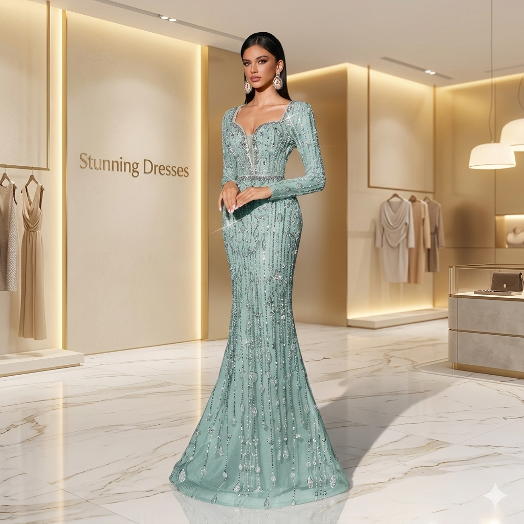 SDE3229 Elegant Sequin Deep V-Neck Evening Gown – Long Sleeve Luxury Party & Wedding Dress for Women