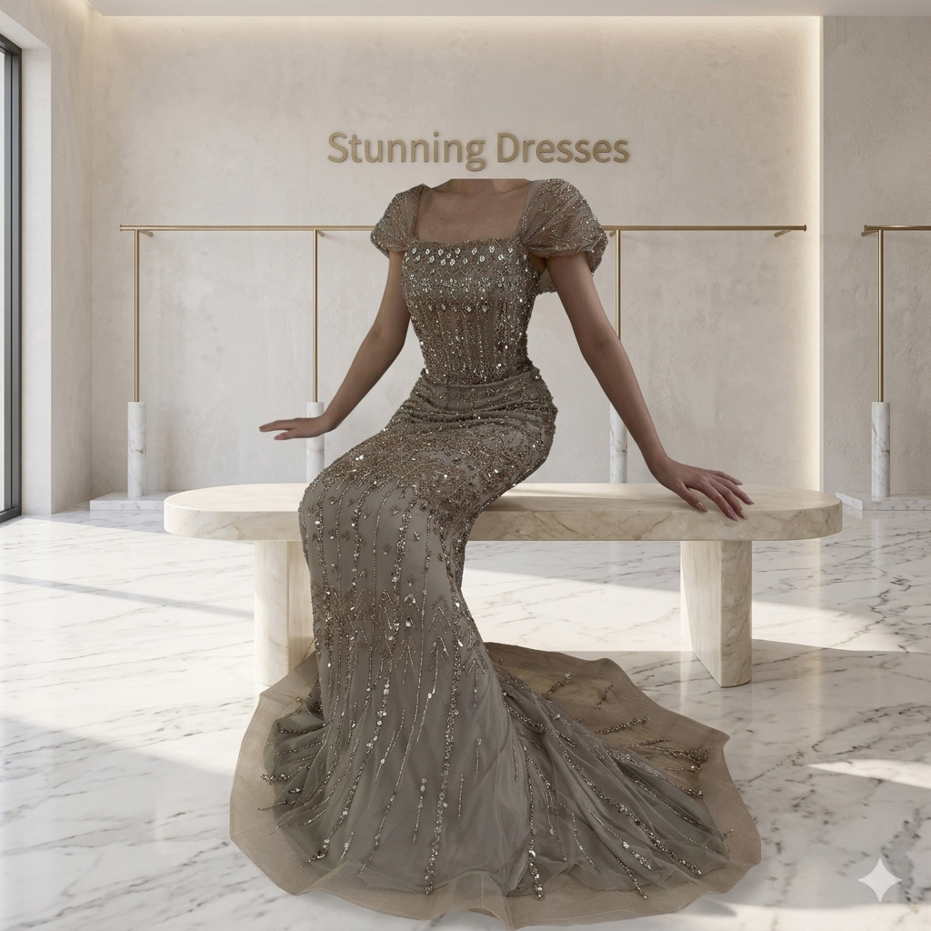 SDE5014 Elegant Arabic White Mermaid Beaded Evening Dress with Short S – Stunning Dresses