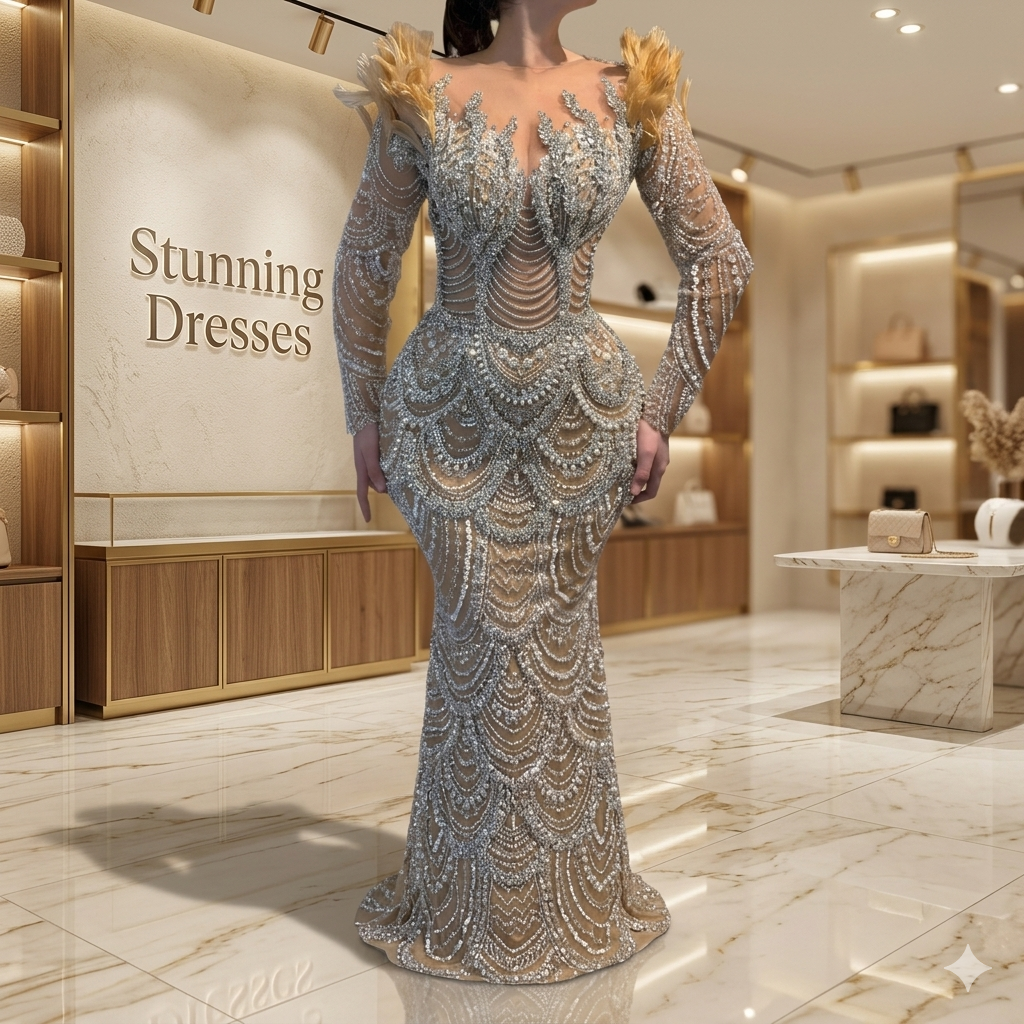 SDE5016 Evening Dress Luxury Nude Beaded Mermaid Gown with Feather Long Sleeves for Women Party