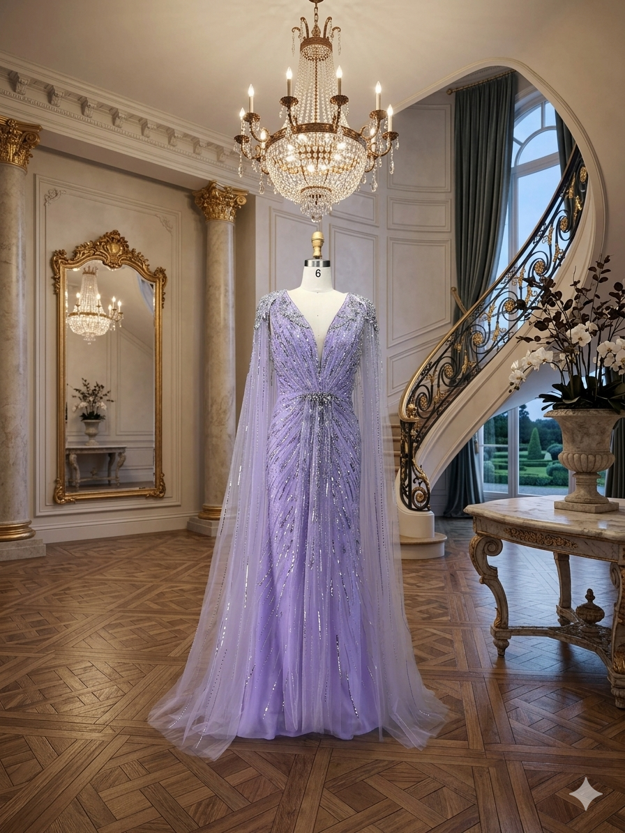 SDE5001  Stunning Dresses Turquoise Mermaid Evening Dress 2025 – Beaded Cape Sleeve Gown for Wedding & Party