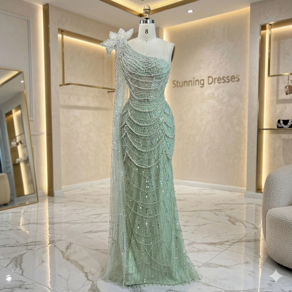 SDE5020 Sage Green Mermaid One Shoulder Pearls Luxury Dubai Arabic Evening Dress Gown for Wedding Party | Customized