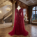 SDE5001  Stunning Dresses Turquoise Mermaid Evening Dress 2025 – Beaded Cape Sleeve Gown for Wedding & Party