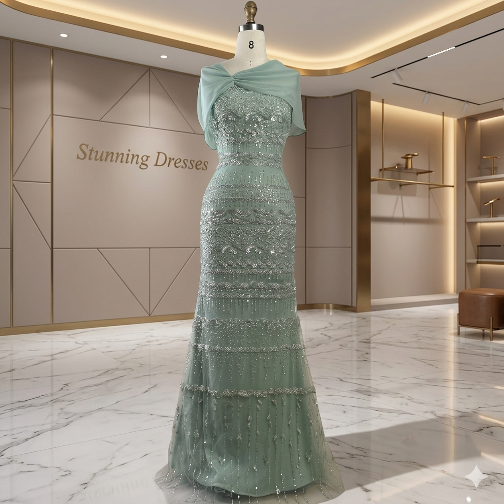 SDE5010 Luxury Saudi Arabic Sage Green Mermaid Evening Dress with Long Cape | Formal Gown
