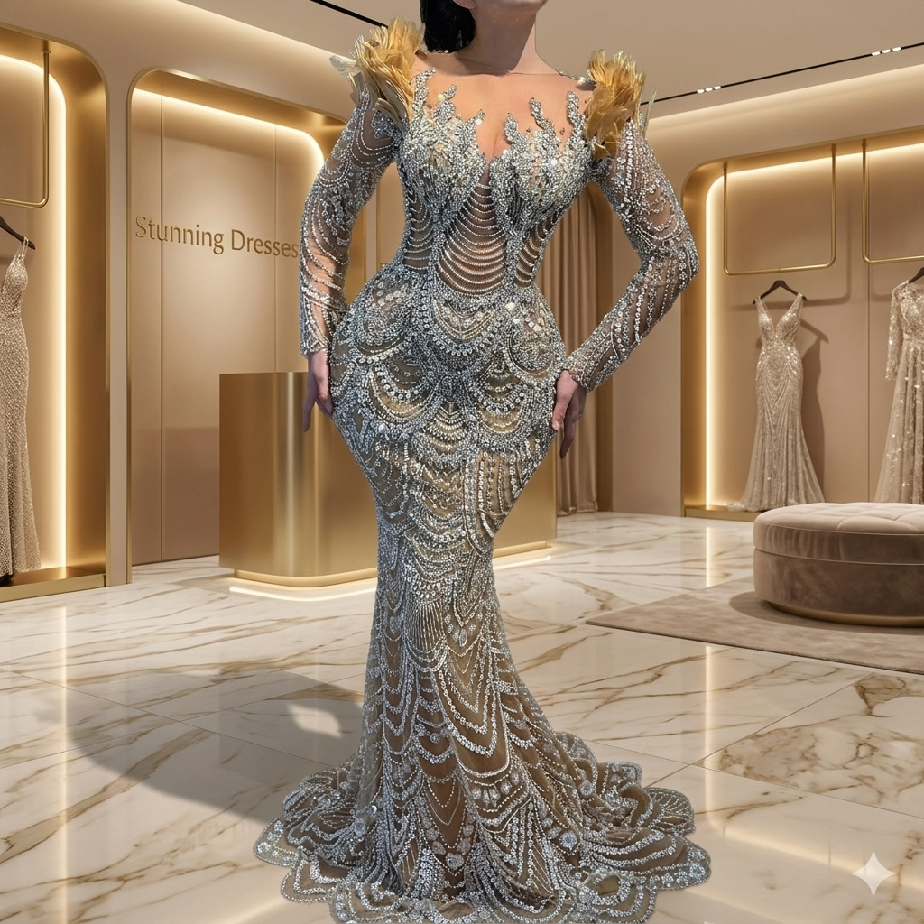 SDE5016 Evening Dress Luxury Nude Beaded Mermaid Gown with Feather Long Sleeves for Women Party