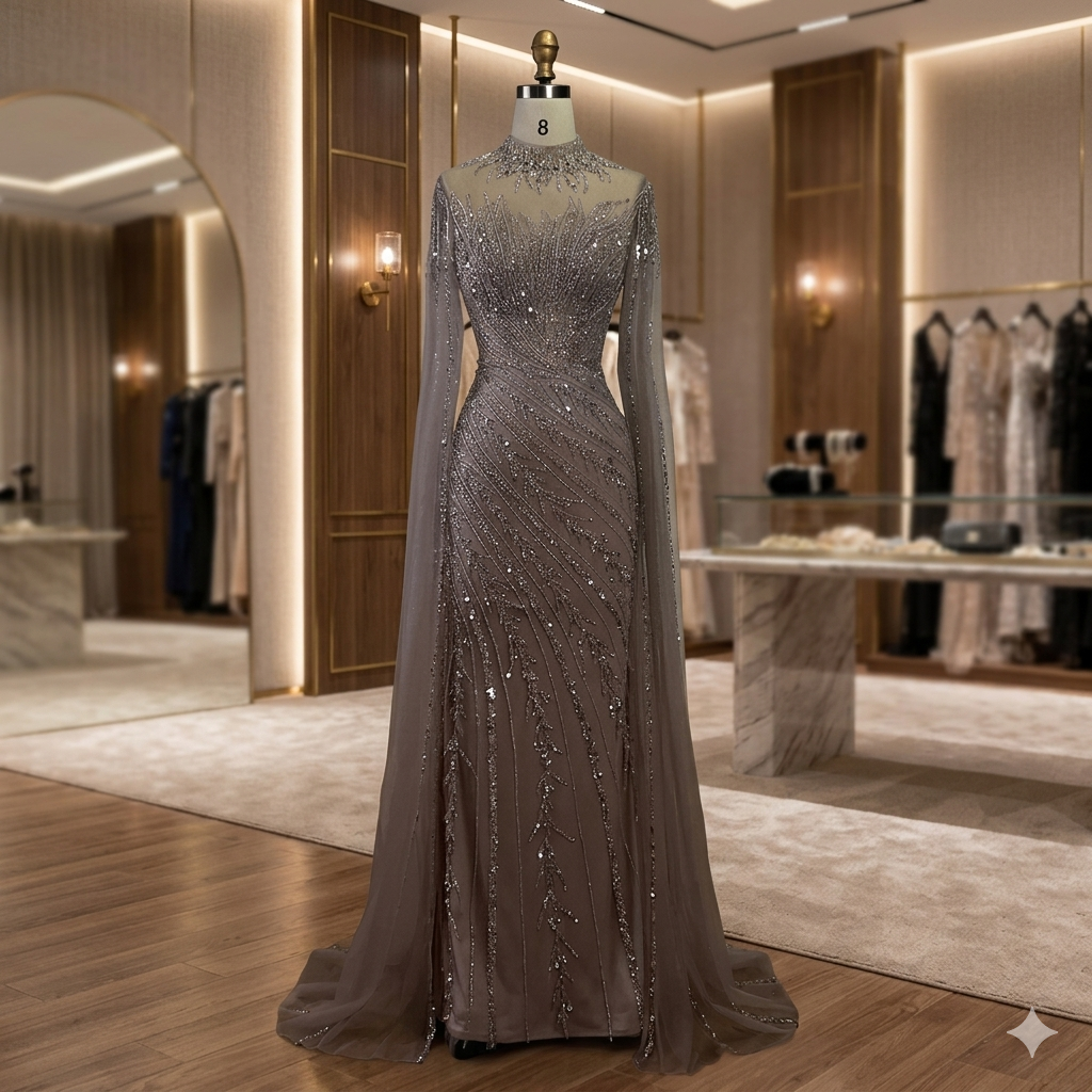 SDE5002 Luxury Nude Cape Sleeve Mermaid Lace Evening Dress – Beaded Dubai Wedding & Party Gown