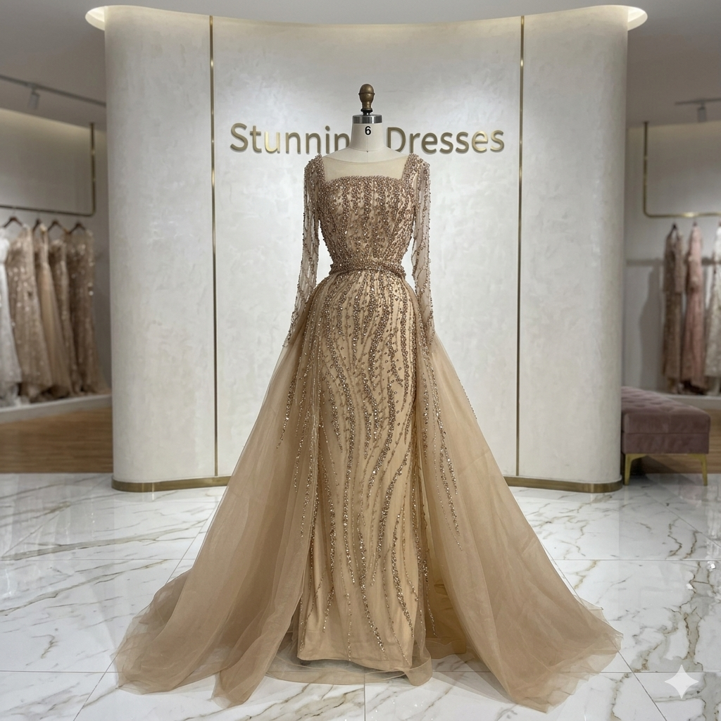 SDE5015 Luxury Arabic Green Mermaid Evening Dress with Overskirt & Beading