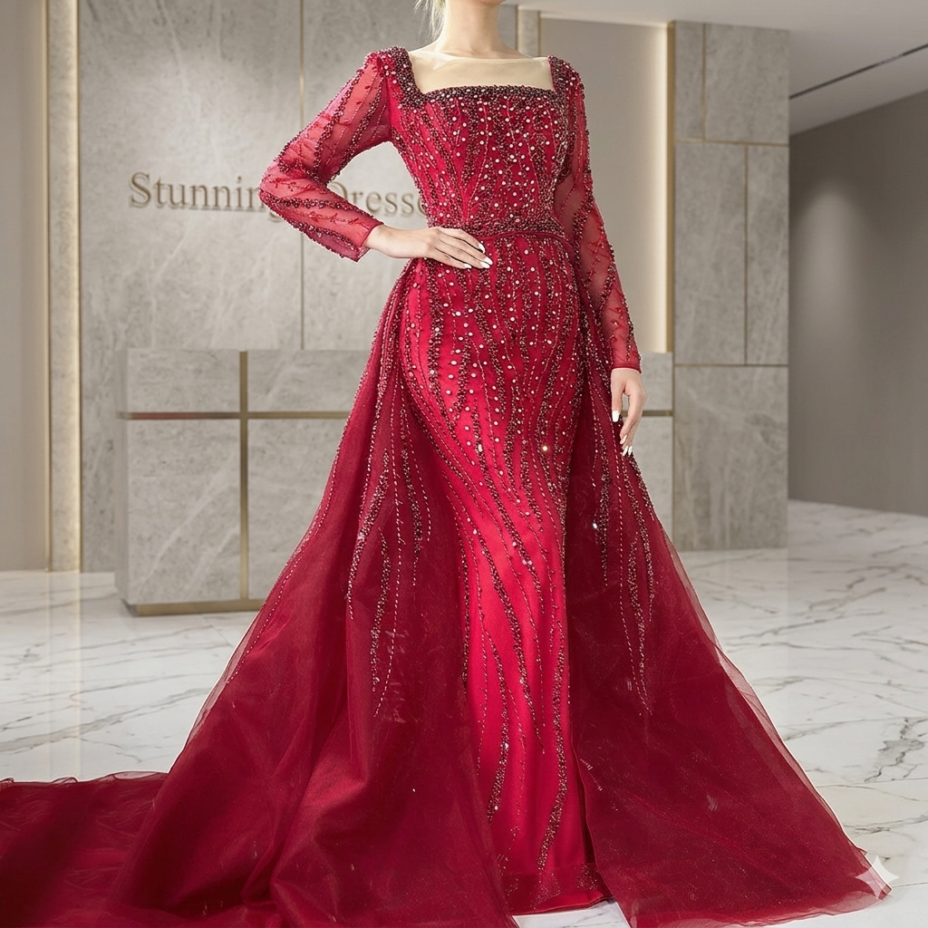 SDE5015 Luxury Arabic Green Mermaid Evening Dress with Overskirt & Beading