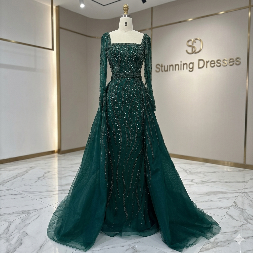 SDE5015 Luxury Arabic Green Mermaid Evening Dress with Overskirt & Beading