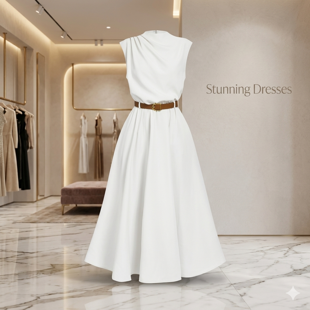 SDD4002 Women's Solid Color Sleeveless Belted Midi Dress – Olive Green Casual Summer Dress UK