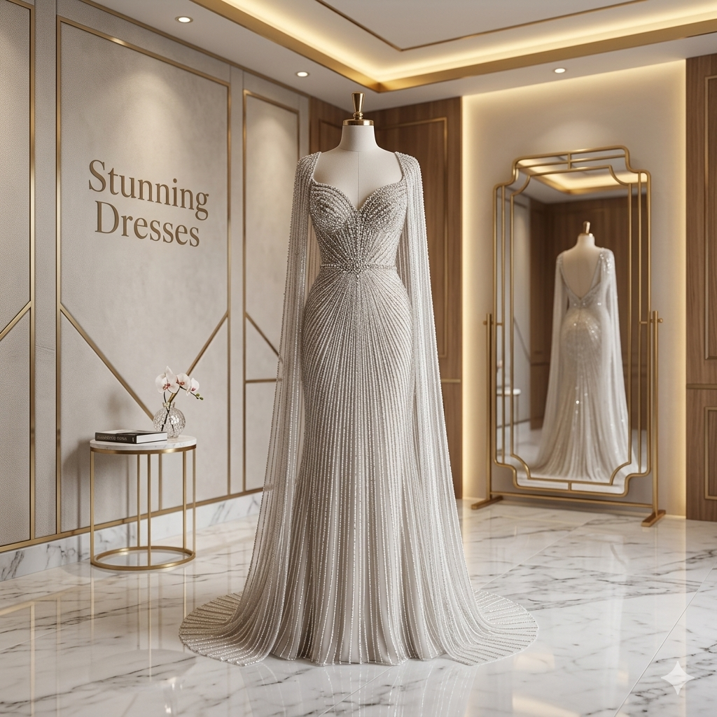 SDE5009 Arabic Silver Nude Beaded Evening Dress with Cape Sleeves | Luxury Wedding Party Gown