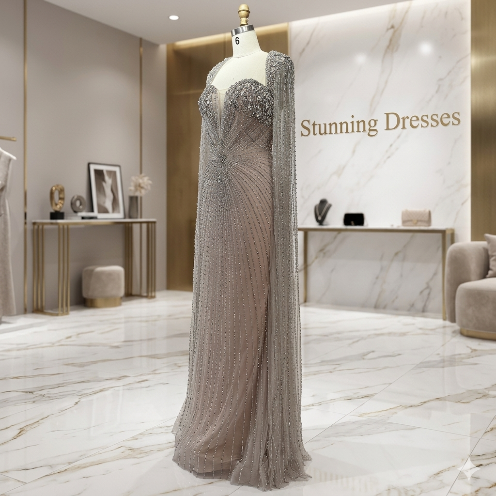 SDE5009 Arabic Silver Nude Beaded Evening Dress with Cape Sleeves | Luxury Wedding Party Gown