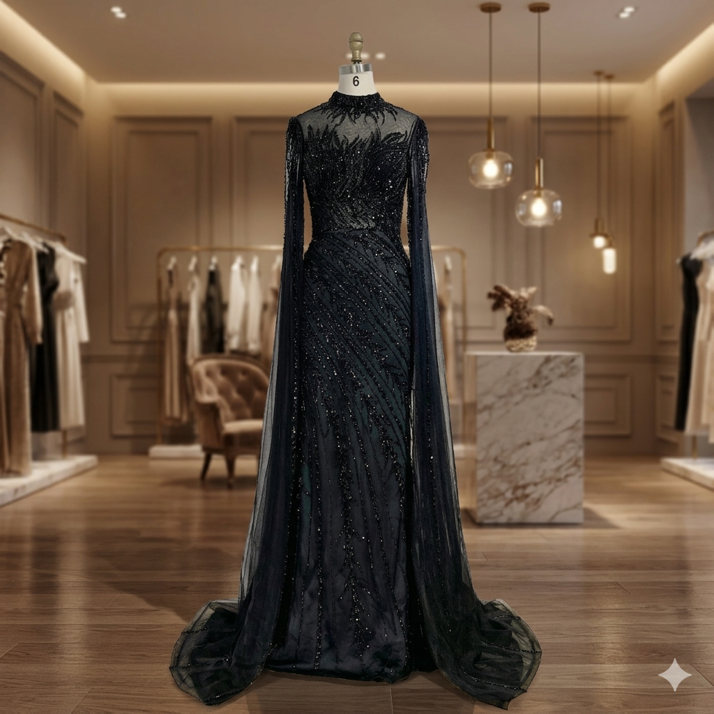 SDE5002 Luxury Nude Cape Sleeve Mermaid Lace Evening Dress – Beaded Dubai Wedding & Party Gown