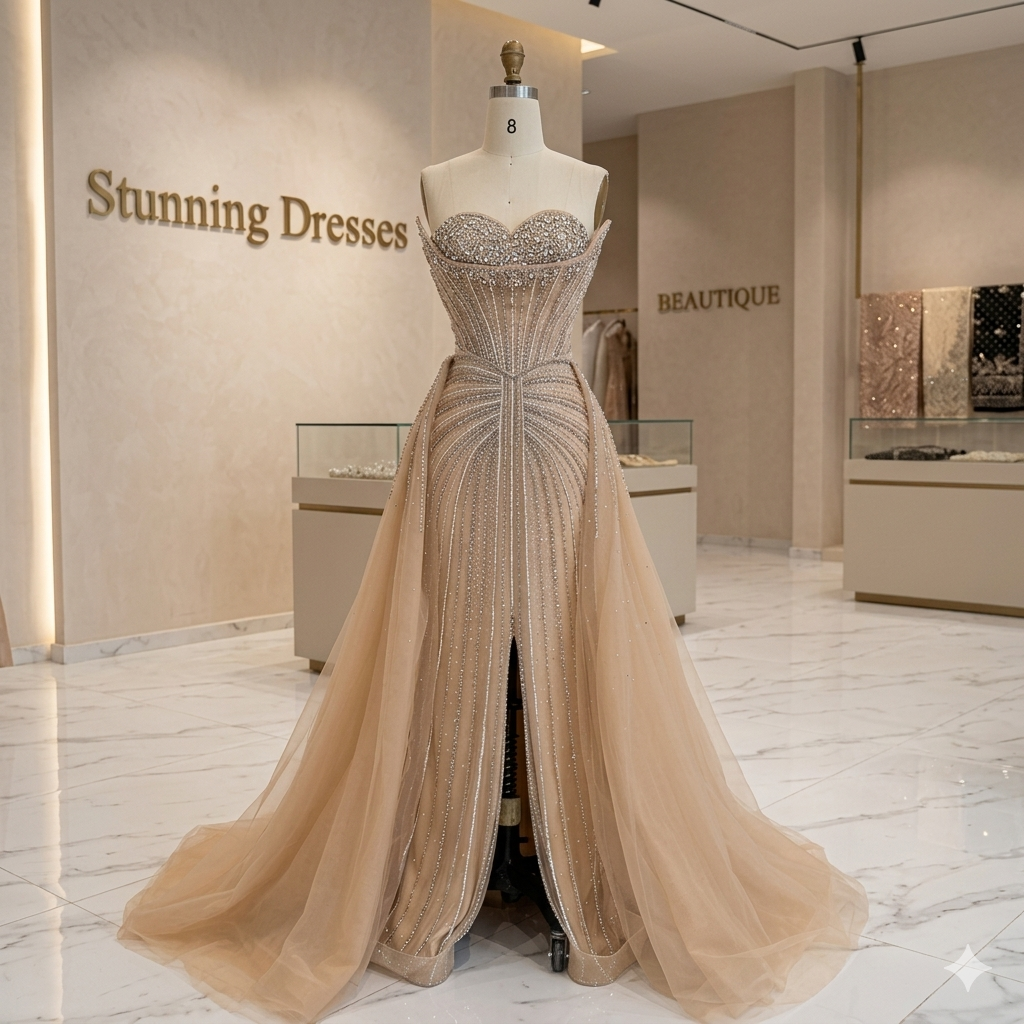 SDE5013 Luxury Pink Crystal Beaded Saudi Mermaid Evening Dress with Overskirt
