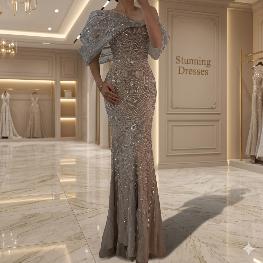 SDE5019 Customized Luxury Off Shoulder Silver Nude Beaded Mermaid Saudi Evening Dress Gown for Formal Occasion