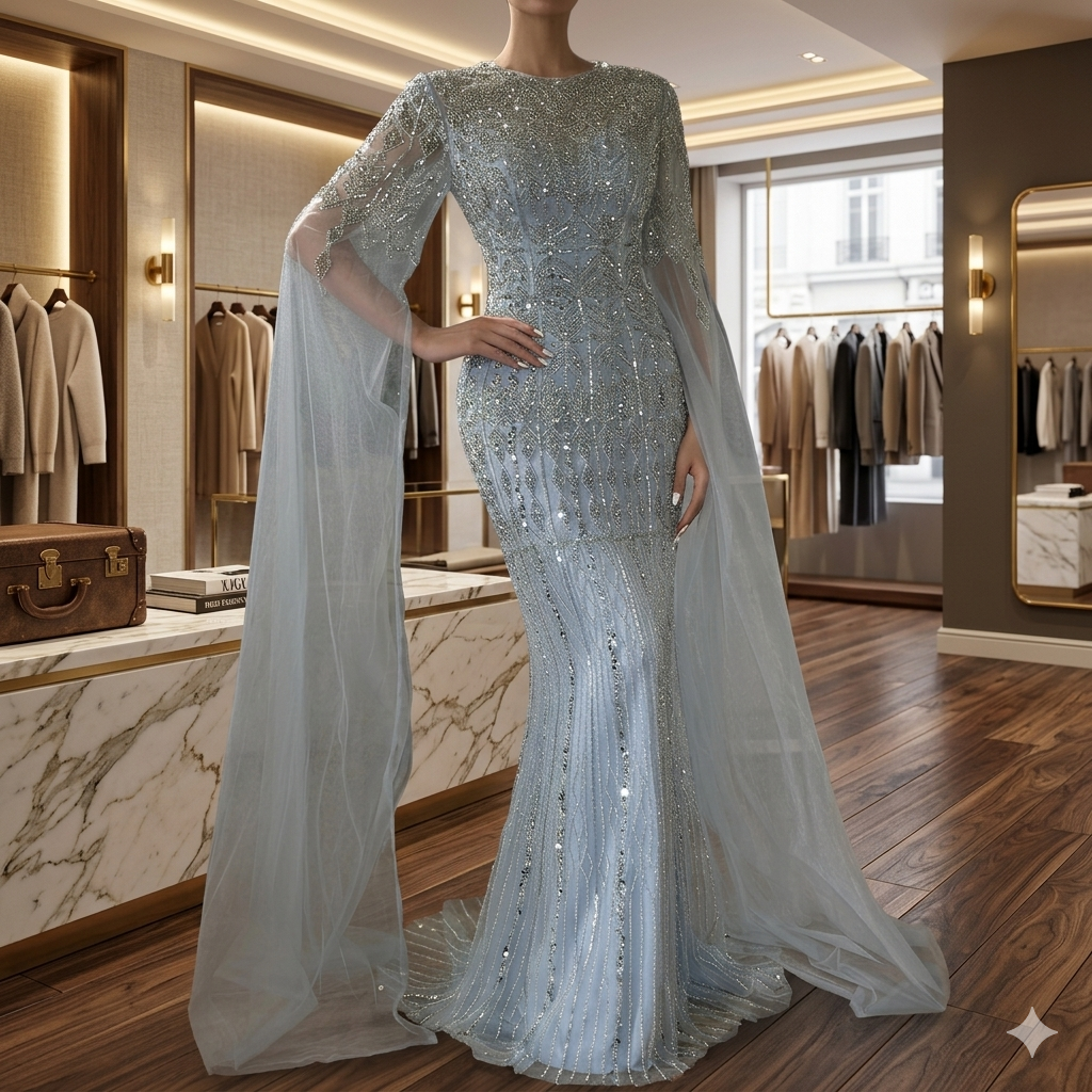 SDE5007 Luxury Saudi Arabia Caramel Mermaid Evening Gown with Cape Sleeves | Formal Dress