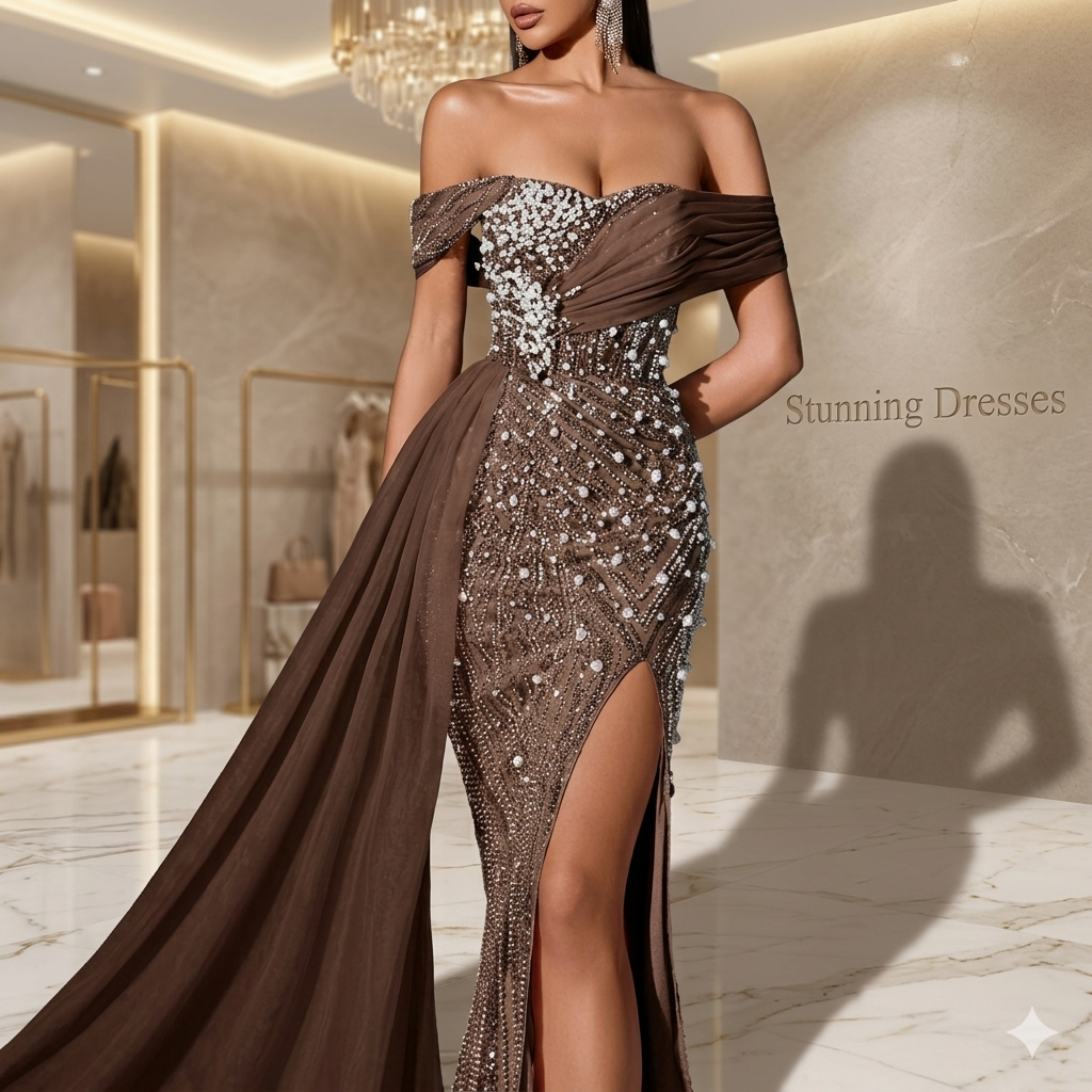 SDE3231 Fairy Style Pink Sequin Mermaid Evening Dress – Off Shoulder High Slit Wedding & Party Gown for Women