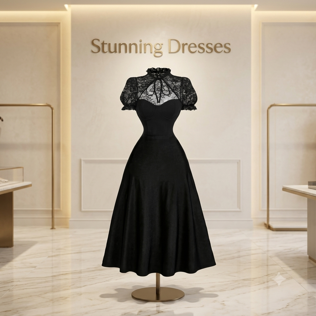 SDD4005 Women's Pink Lace Patchwork Midi Dress – Stand Collar Petal Sleeve Tie Waist Dress UK