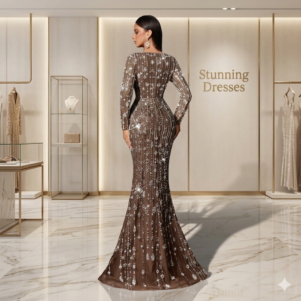 SDE3229 Elegant Sequin Deep V-Neck Evening Gown – Long Sleeve Luxury Party & Wedding Dress for Women