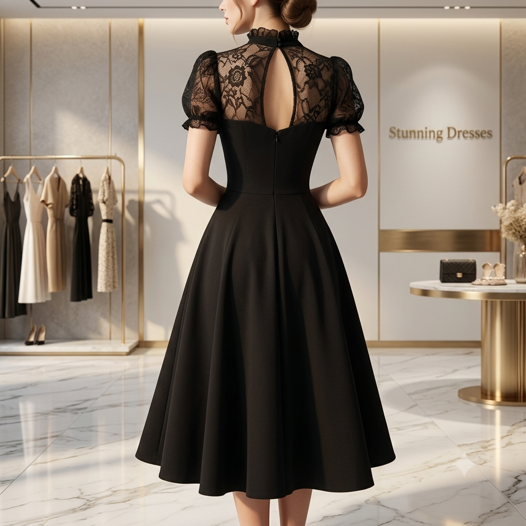 SDD4005 Women's Pink Lace Patchwork Midi Dress – Stand Collar Petal Sleeve Tie Waist Dress UK